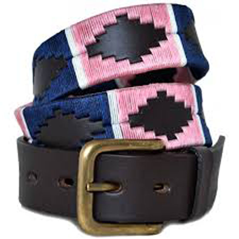 Pampa Leather Polo Belts - Pink/Navy White Stripe