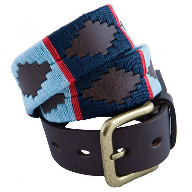 Pampa Leather Polo Belts - Navy/Pale Blue Red Stripe